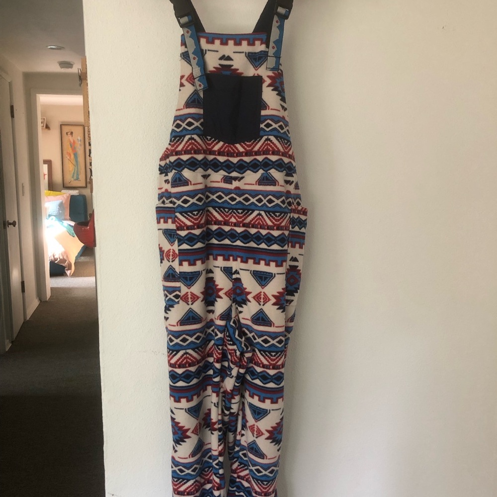 Kavu Cream Multicolor Aztec Print Fleece Overalls with Navy Pocket